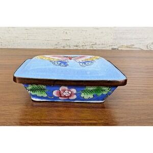 Vintage Chinese Cloisonné Butterfly Enamel trinket box  1970's Hand Painted